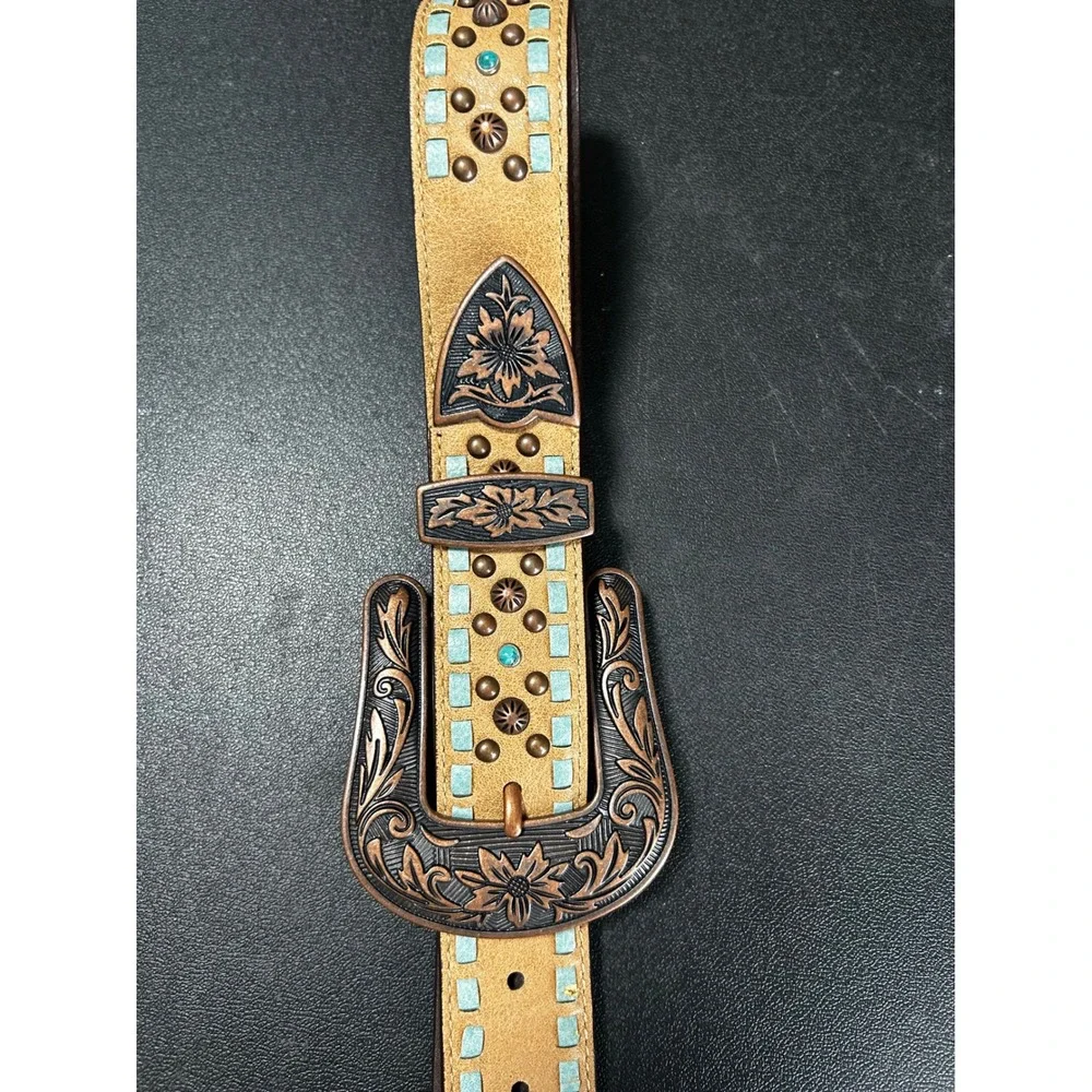 Nocona Womens Brown Western Belt Medium Studded Turquoise‎ Floral Buckle